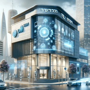 תמונה קונספטואלית המייצגת בנקים אוטונומיים. הסצנה כוללת בניין בנק מודרני ומלוטש עם תכונות טכנולוגיות מתקדמות כמו מסך דיגיטלי